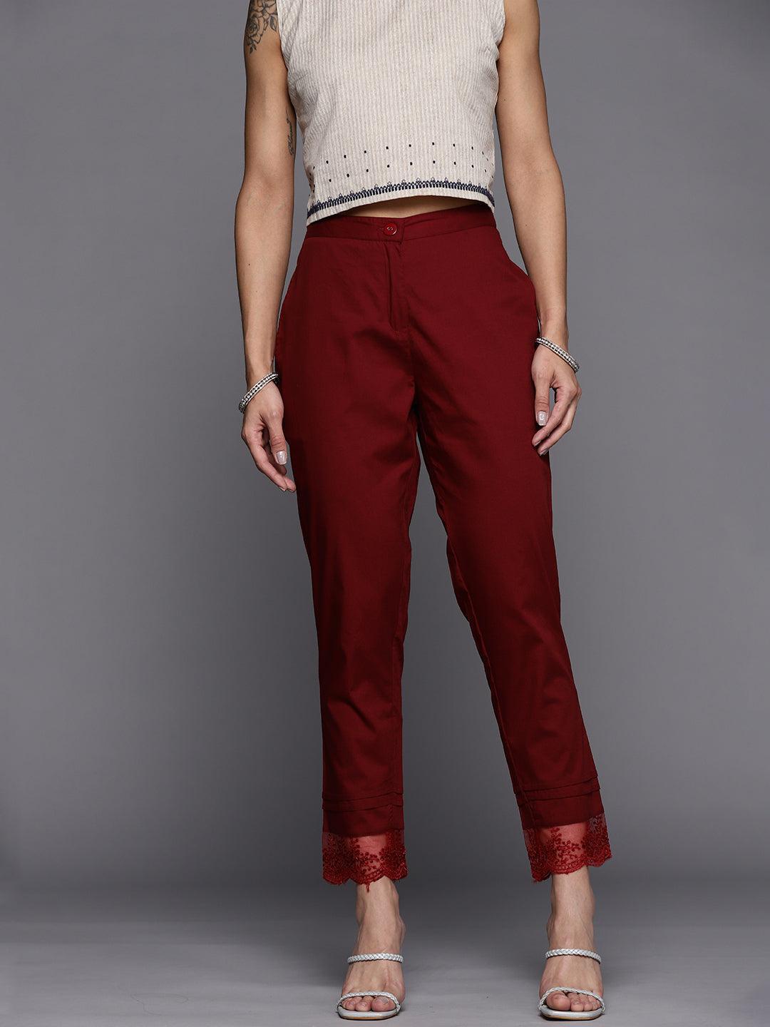 Maroon Solid Cotton Trousers - ShopLibas