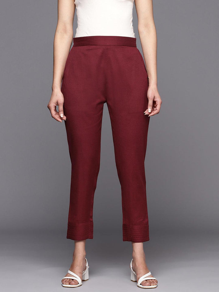 Maroon Solid Cotton Trousers