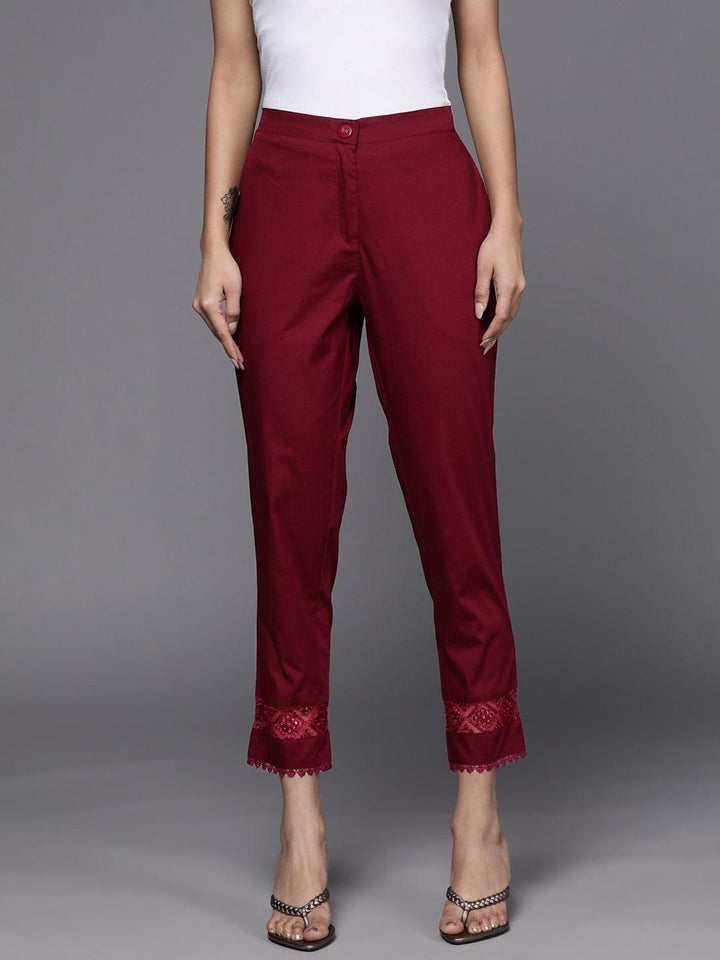 Maroon Solid Cotton Trousers