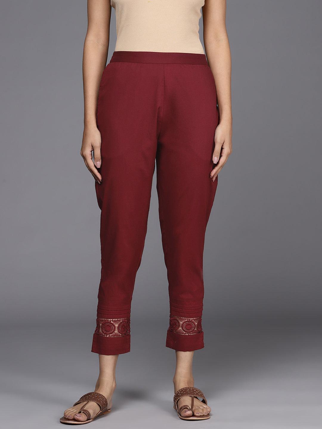 Maroon Solid Cotton Trousers - ShopLibas