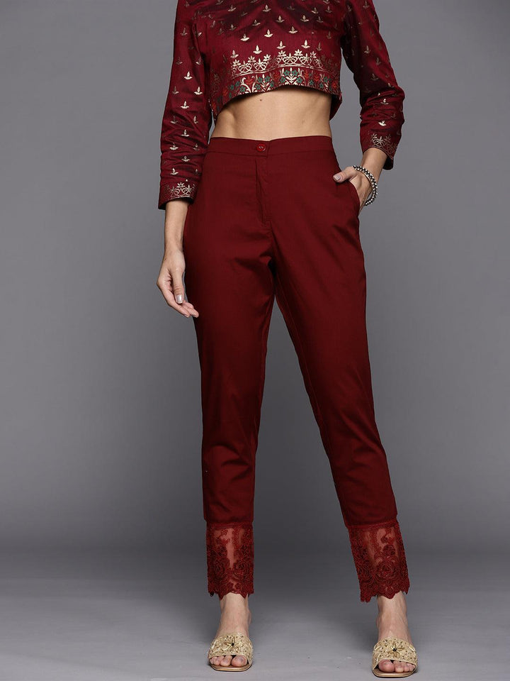 Maroon Solid Cotton Trousers
