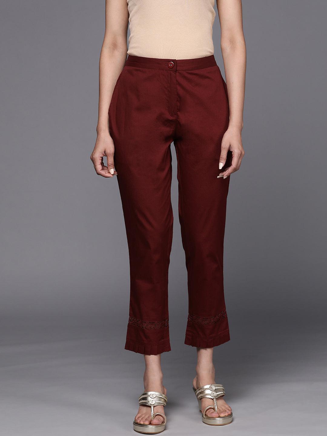 Maroon Solid Cotton Trousers - ShopLibas