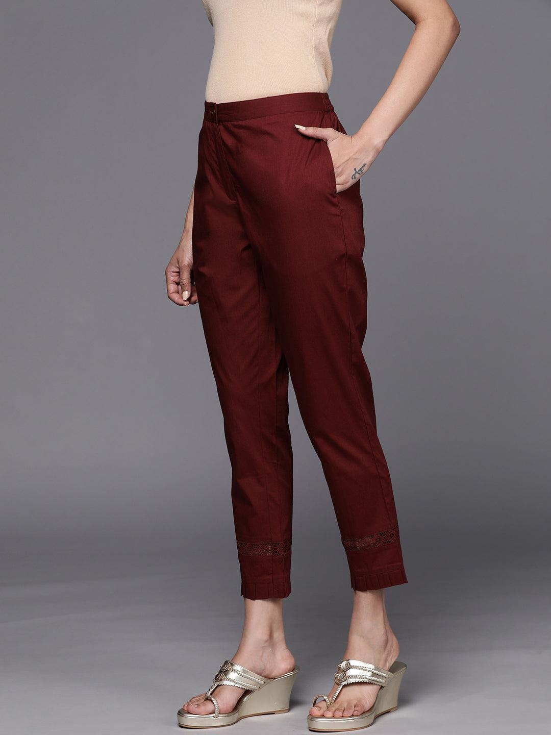 Maroon Solid Cotton Trousers - ShopLibas