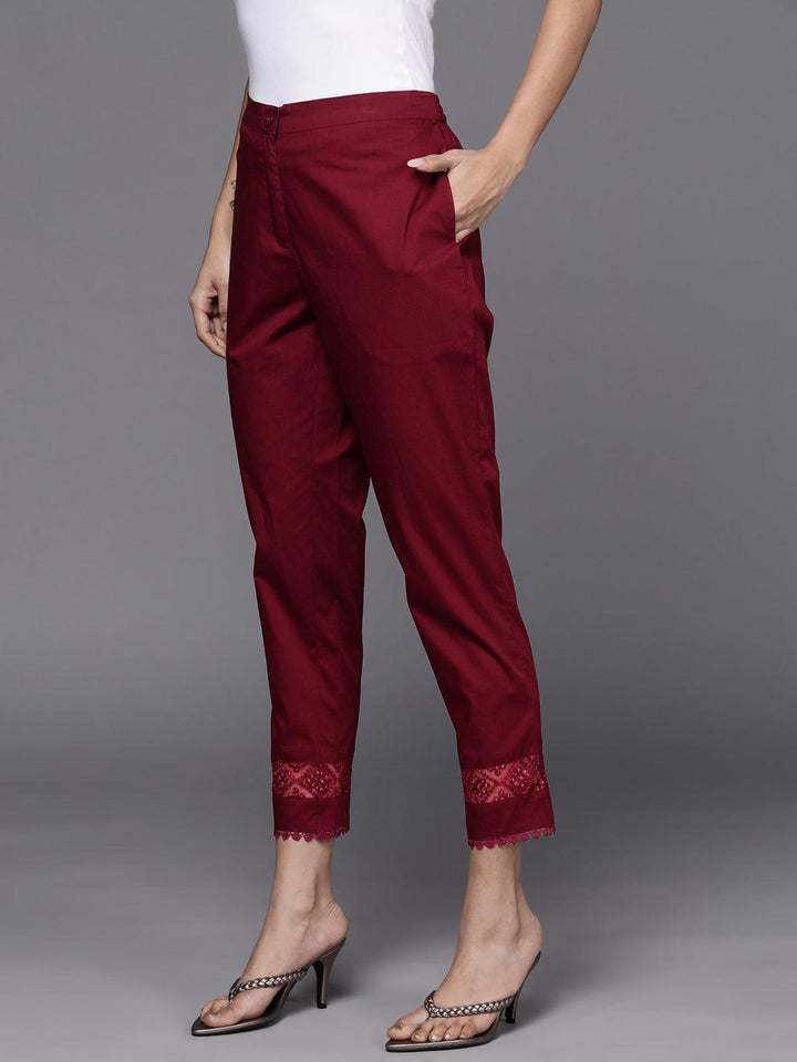 Maroon Solid Cotton Trousers