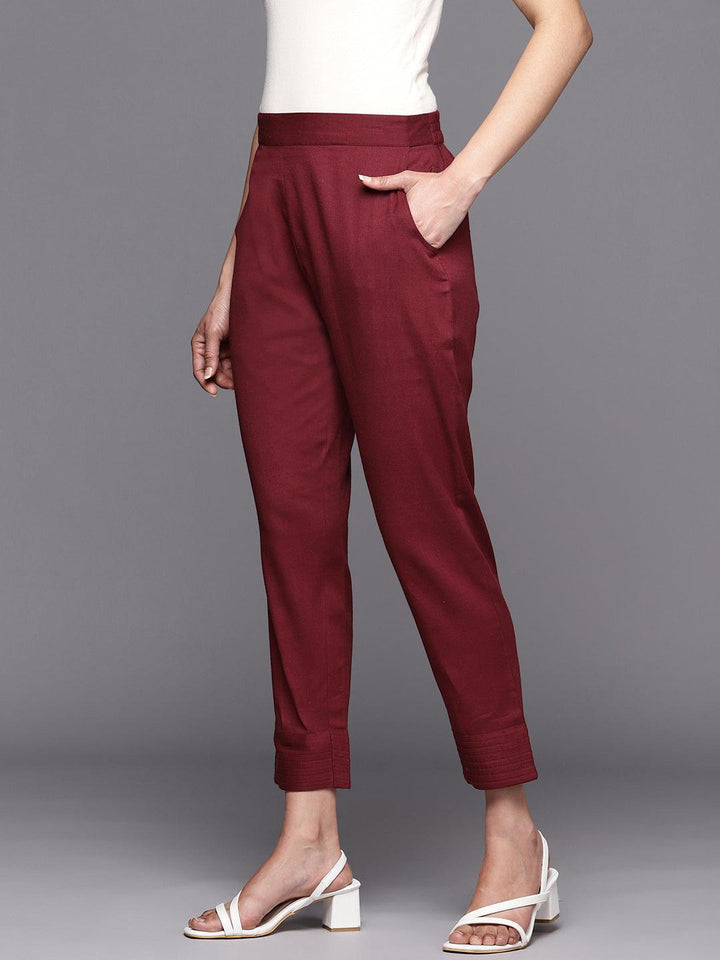 Maroon Solid Cotton Trousers