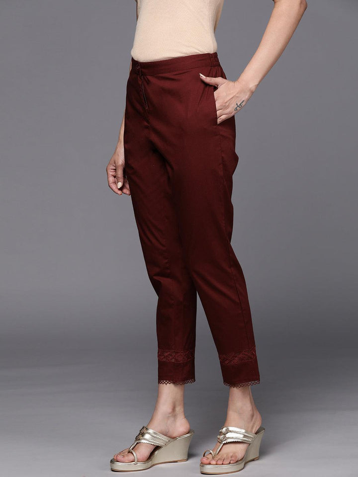 Maroon Solid Cotton Trousers