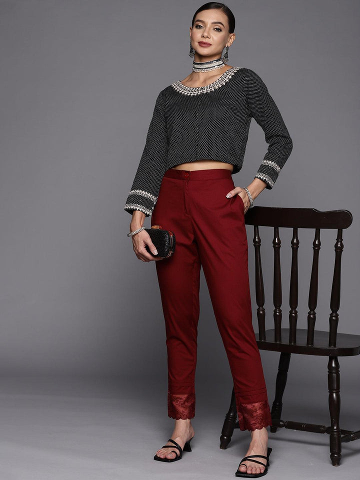 Maroon Solid Cotton Trousers