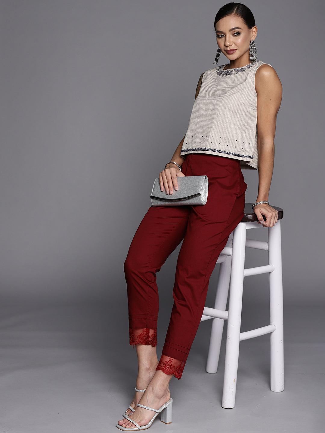 Maroon Solid Cotton Trousers - ShopLibas