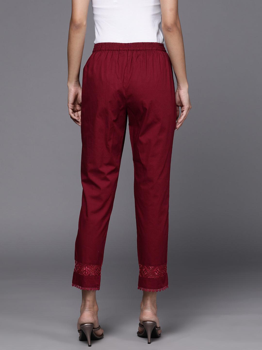 Maroon Solid Cotton Trousers - ShopLibas