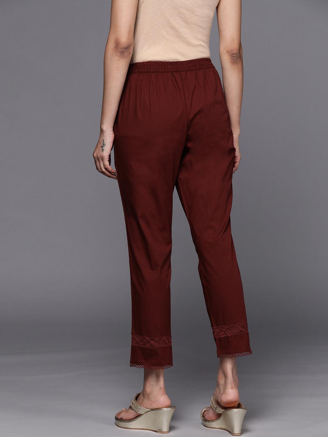 Maroon Solid Cotton Trousers - ShopLibas