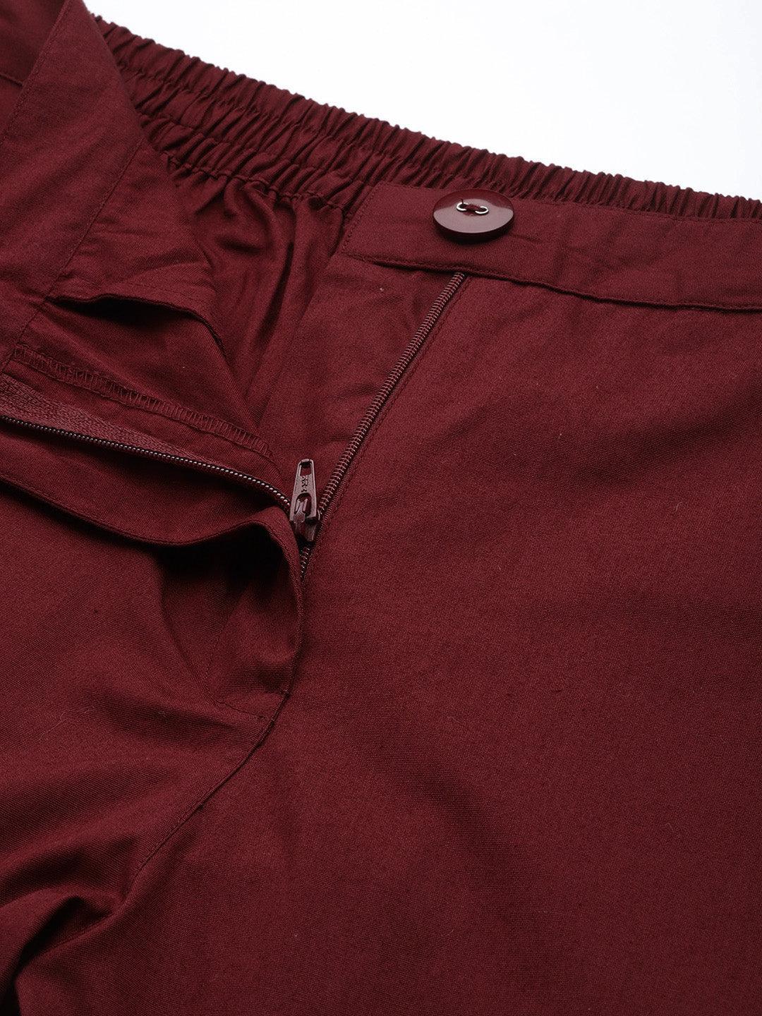 Maroon Solid Cotton Trousers - ShopLibas