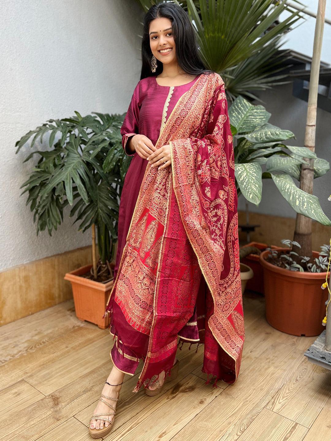 Maroon Solid Silk Blend Anarkali Suit Set With Palazzos - Libas