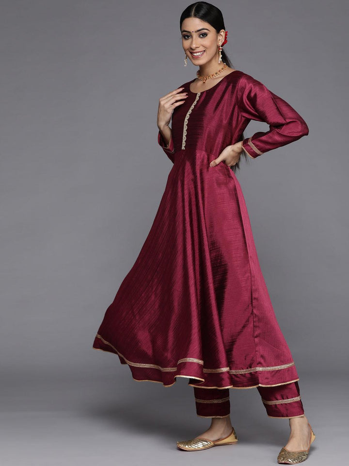 Maroon Solid Silk Blend Anarkali Kurta With Palazzos & Dupatta