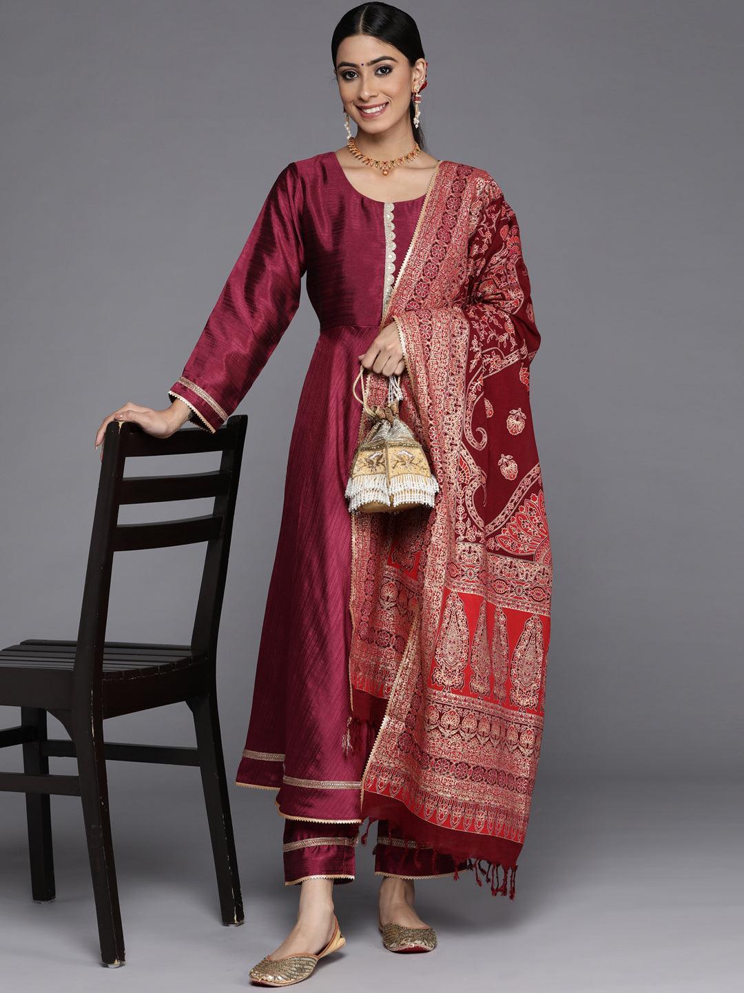 Maroon Solid Silk Blend Anarkali Suit Set With Palazzos - Libas