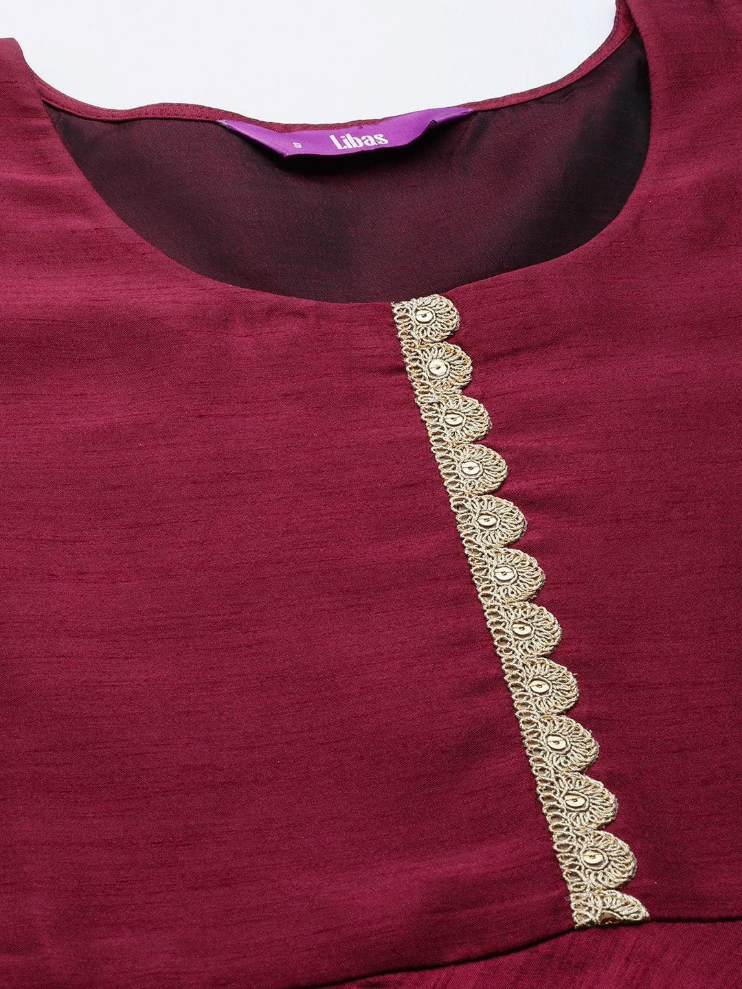 Maroon Solid Silk Blend Anarkali Suit Set With Palazzos - Libas