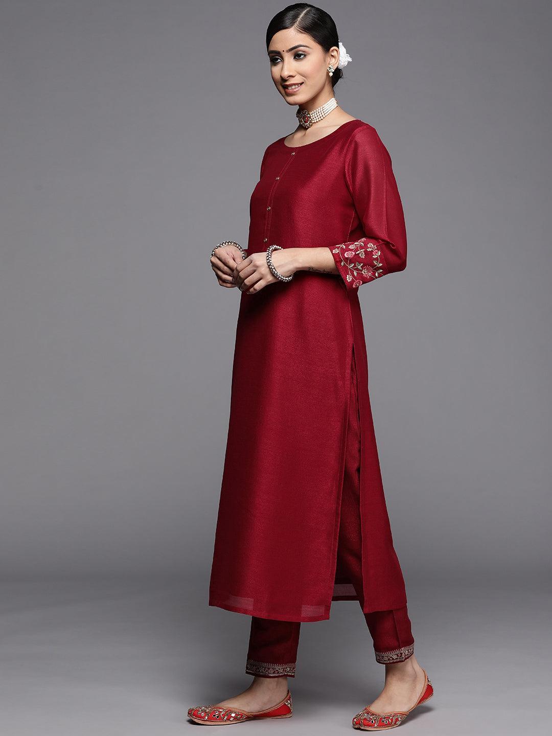 Maroon Solid Silk Kurta - ShopLibas