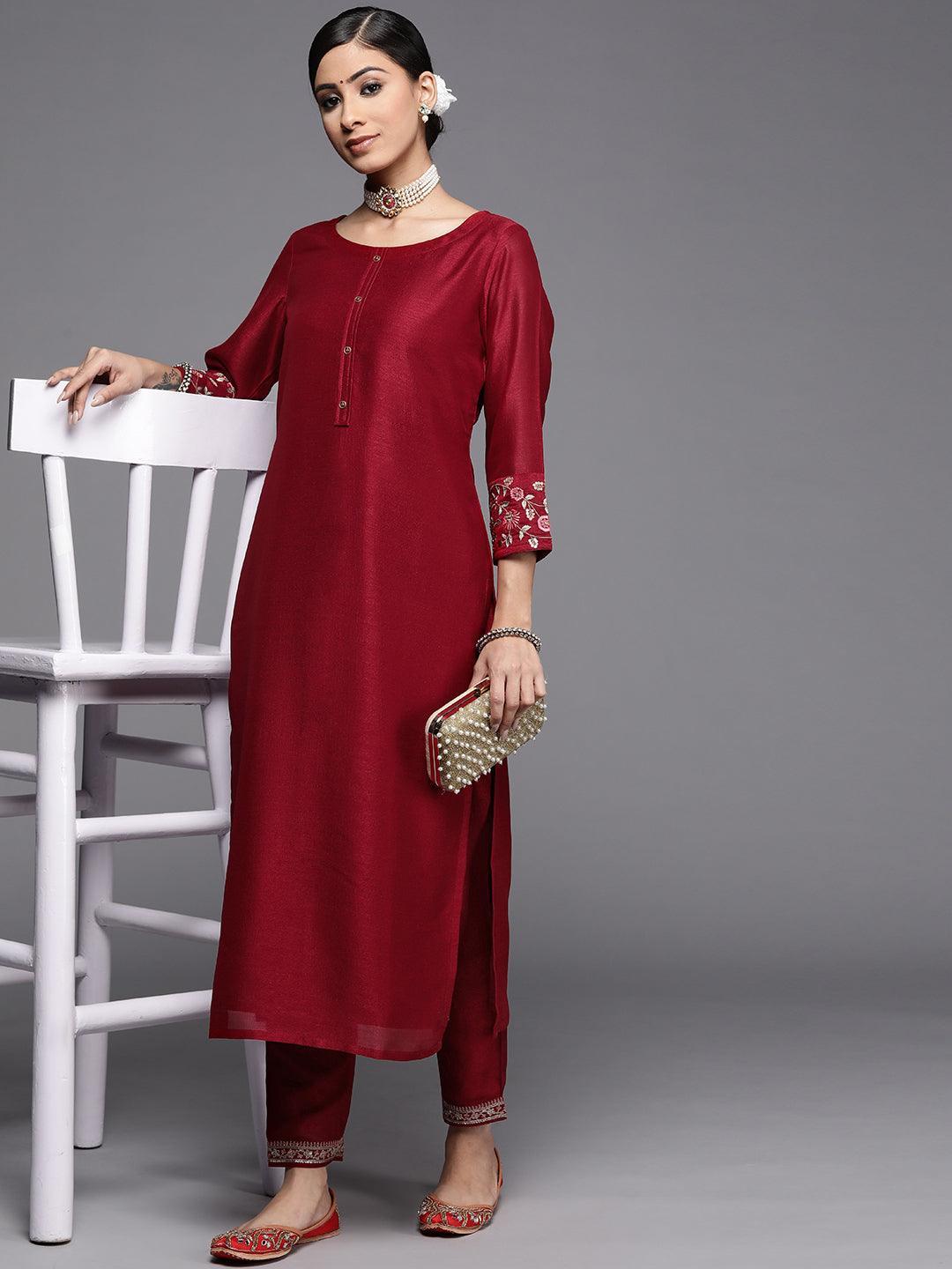 Maroon Solid Silk Kurta - ShopLibas