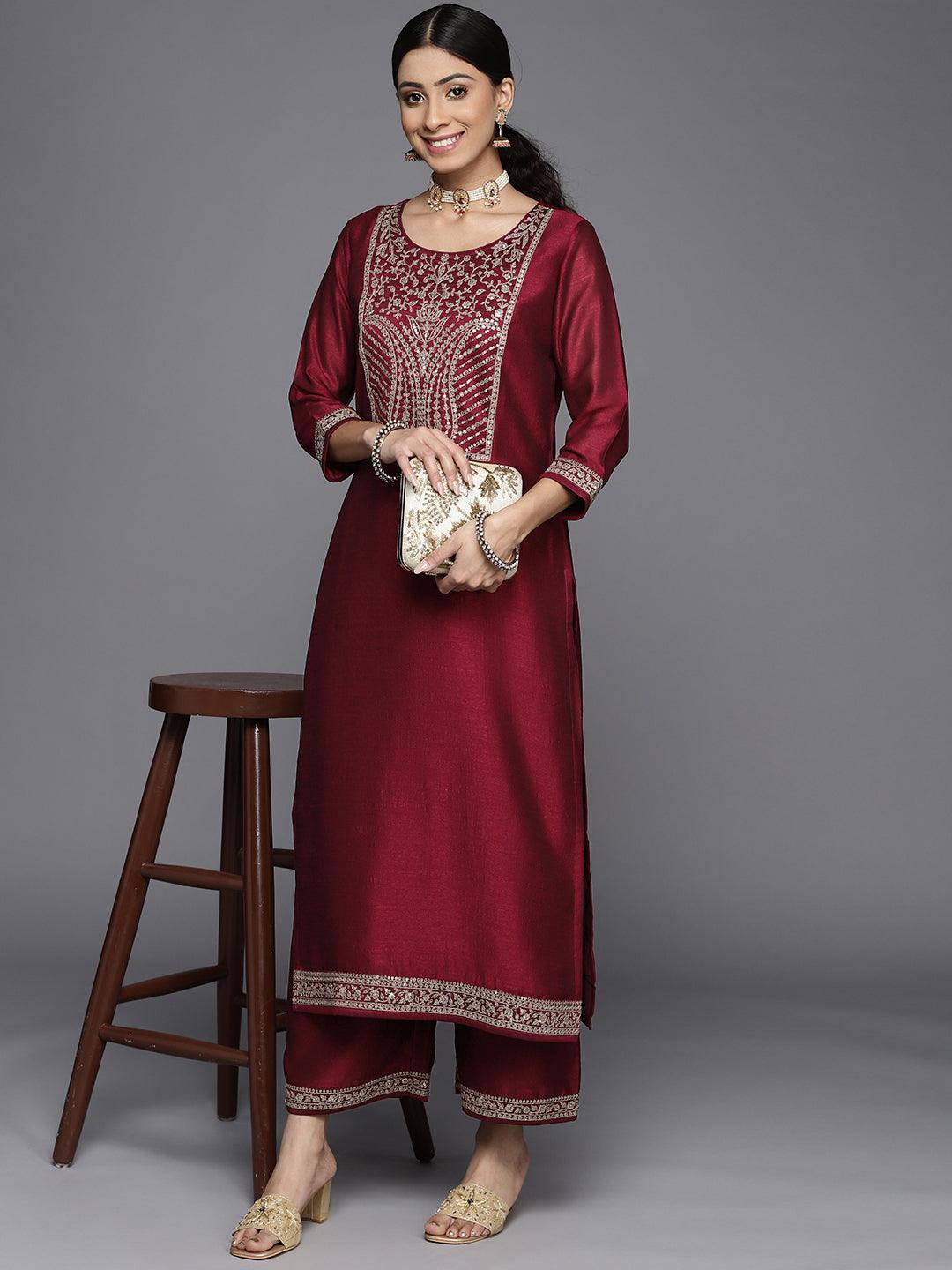 Maroon Solid Silk Palazzos - ShopLibas