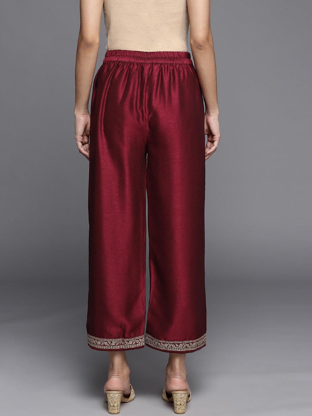 Maroon Solid Silk Palazzos - ShopLibas