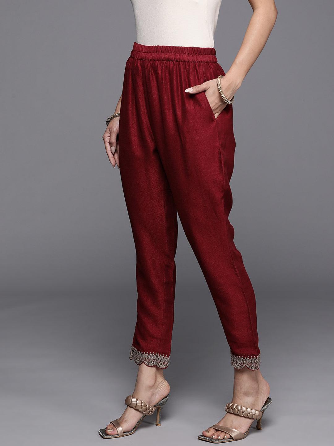 Maroon Solid Silk Trousers - ShopLibas