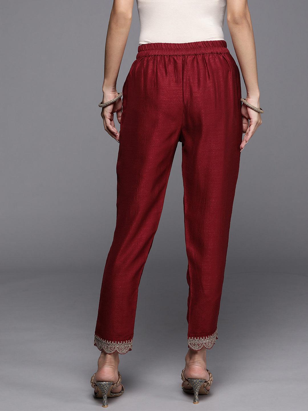 Maroon Solid Silk Trousers - ShopLibas