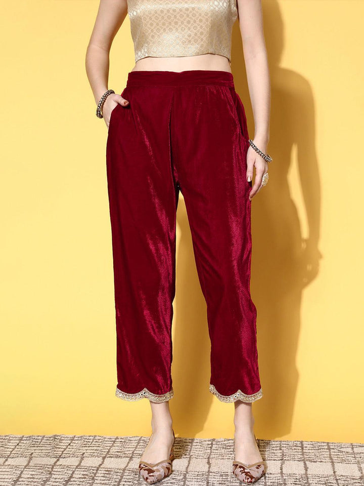 Maroon Solid Velvet Trousers