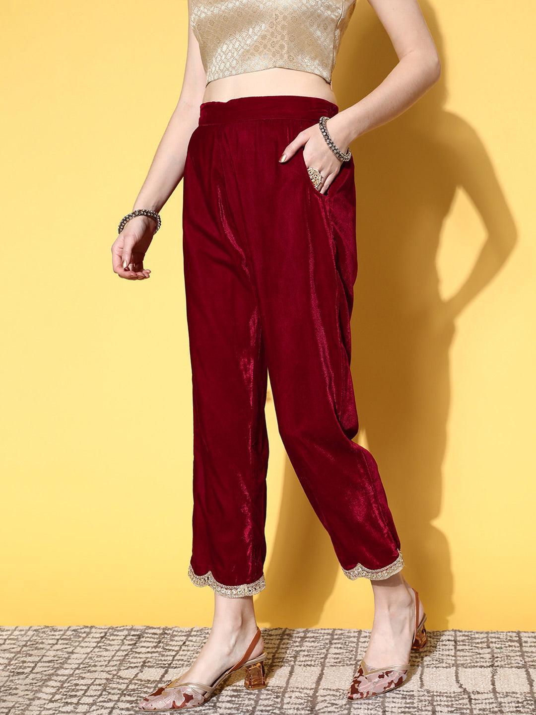 Maroon Solid Velvet Trousers - ShopLibas