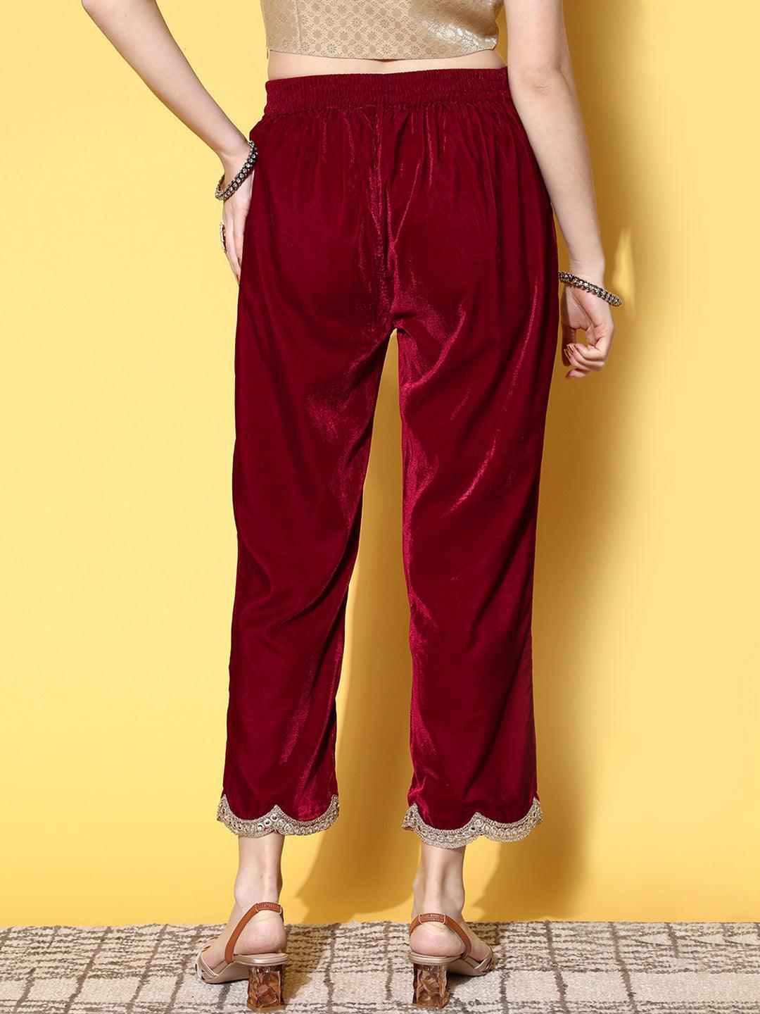 Maroon Solid Velvet Trousers - ShopLibas