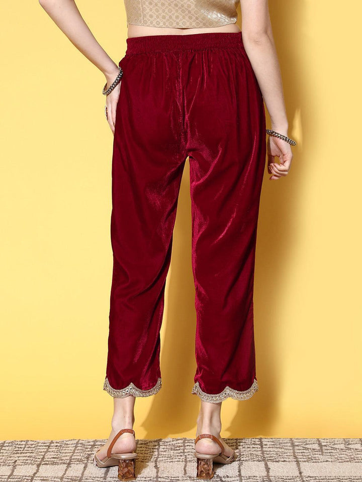 Maroon Solid Velvet Trousers
