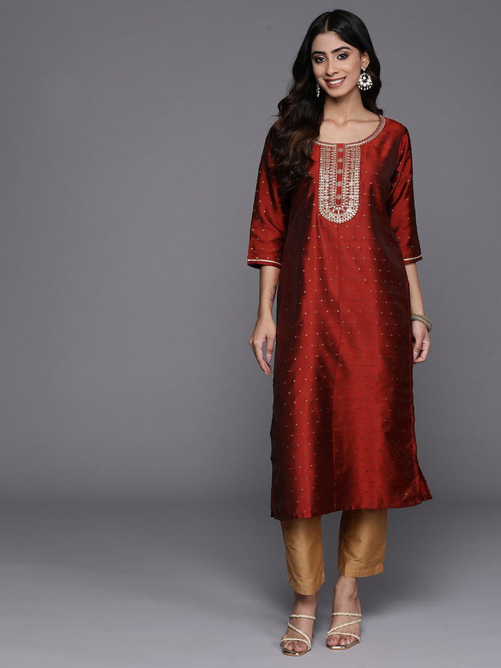 Maroon Woven Design Art Silk Straight Kurta