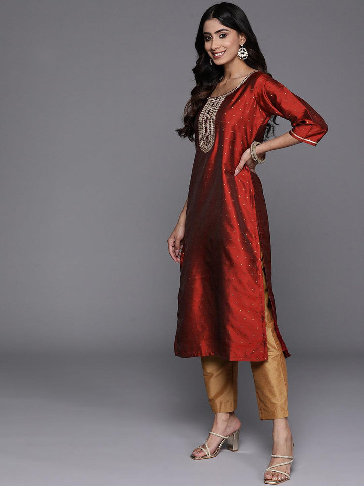 Maroon Woven Design Art Silk Straight Kurta