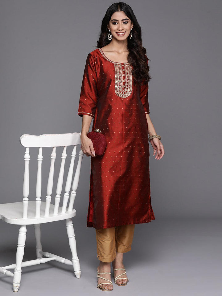 Maroon Woven Design Art Silk Straight Kurta