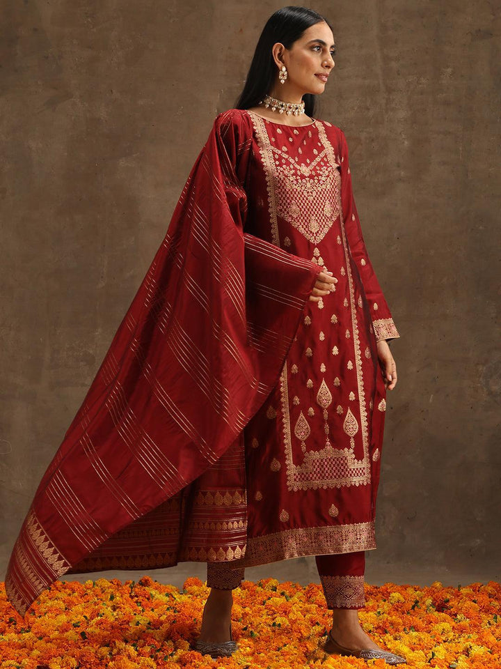 Maroon Woven Design Silk Blend Straight Suit Set With Trousers