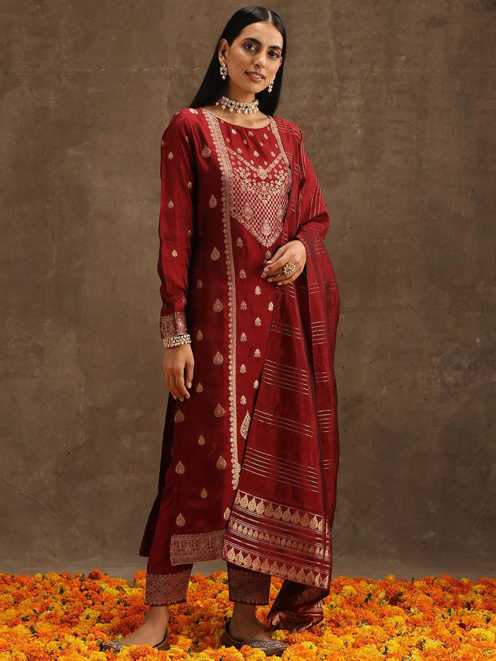 Maroon Woven Design Silk Blend Straight Suit Set With Trousers