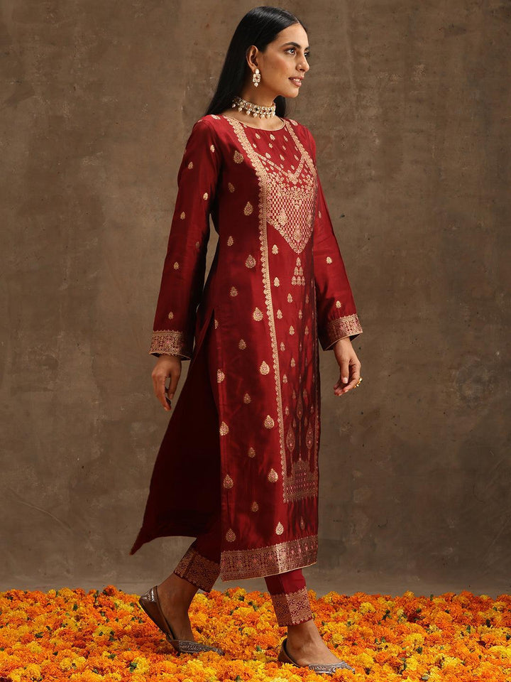 Maroon Woven Design Silk Blend Straight Suit Set With Trousers