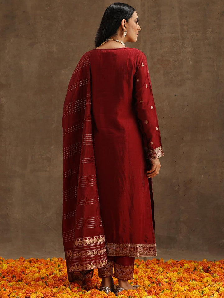 Maroon Woven Design Silk Blend Straight Suit Set With Trousers