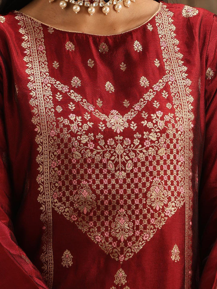 Maroon Woven Design Silk Blend Straight Suit Set With Trousers