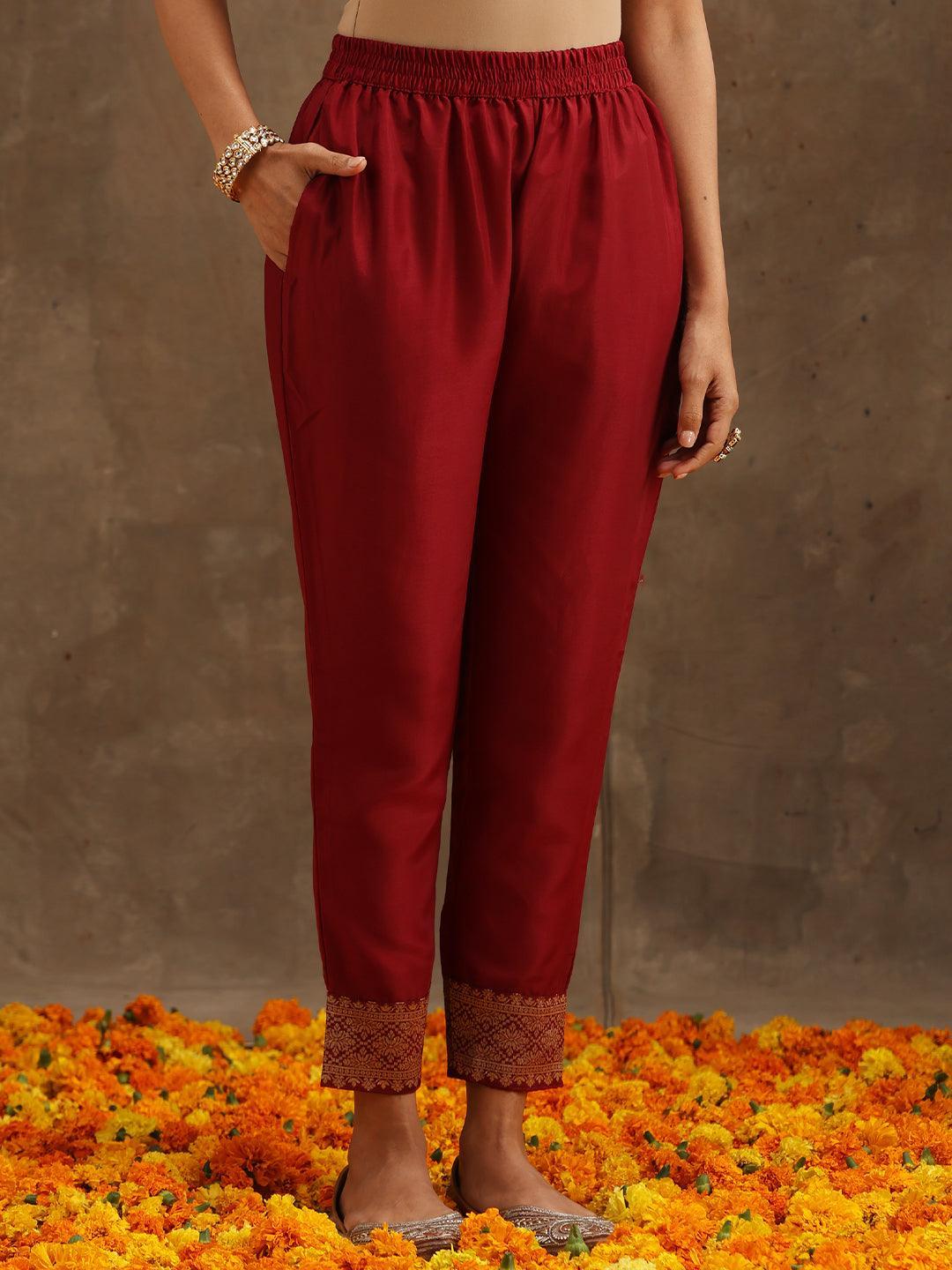 Maroon Woven Design Silk Blend Straight Suit Set With Trousers - ShopLibas