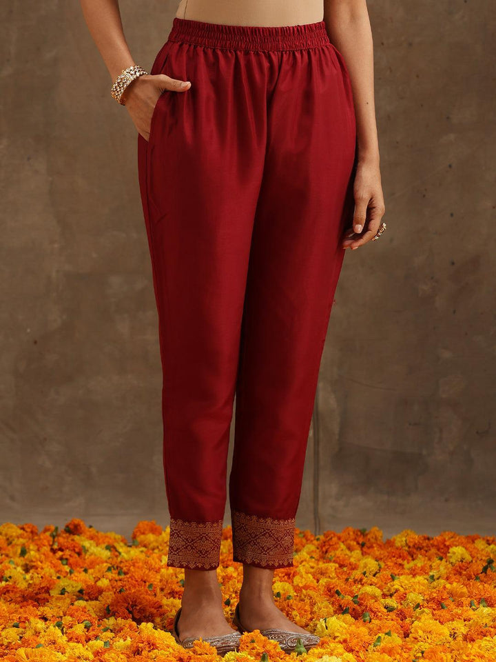 Maroon Woven Design Silk Blend Straight Suit Set With Trousers