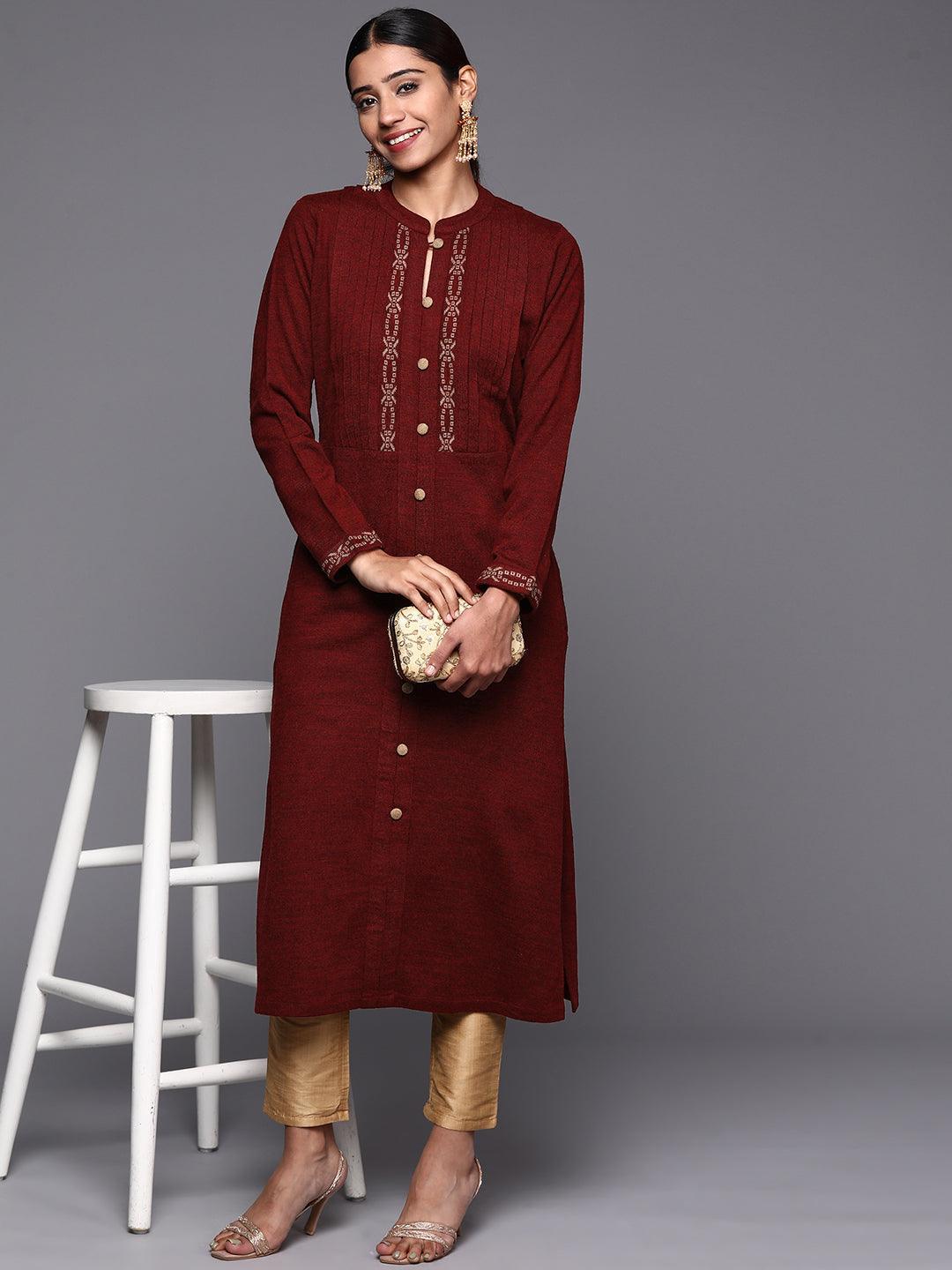Maroon Woven Design Wool Straight Kurta - ShopLibas