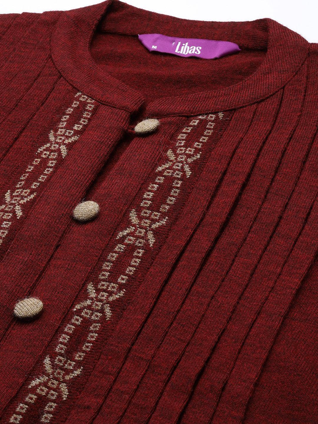 Maroon Woven Design Wool Straight Kurta - ShopLibas