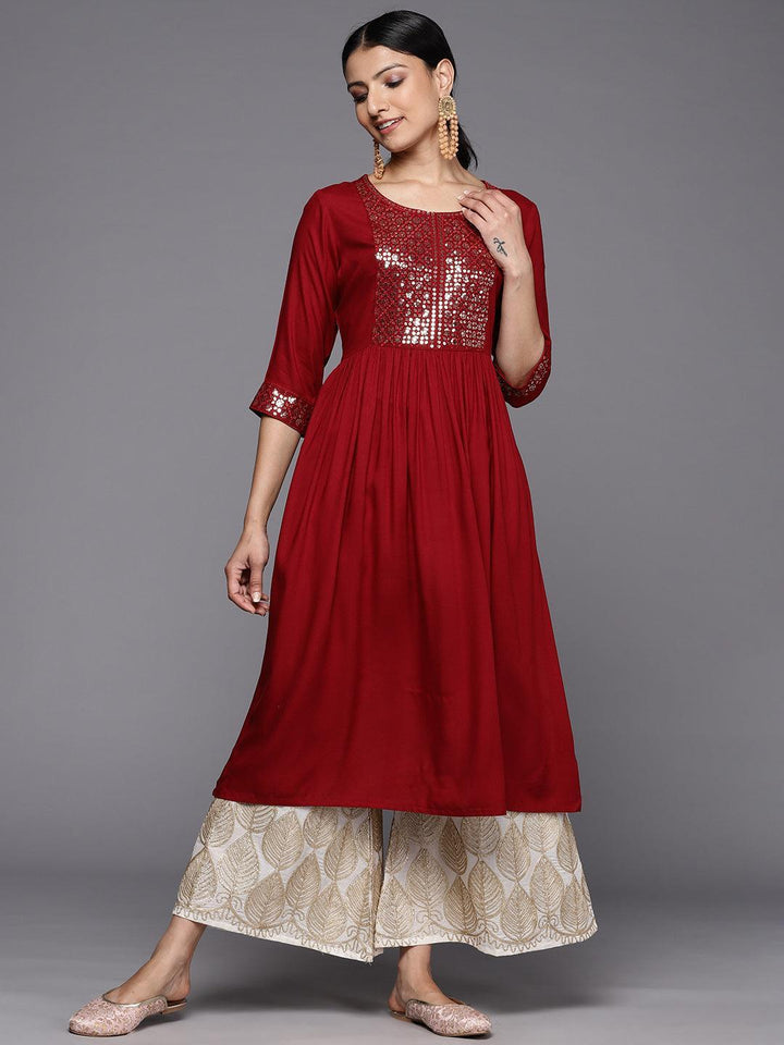 Maroon Yoke Design Rayon A-Line Kurta