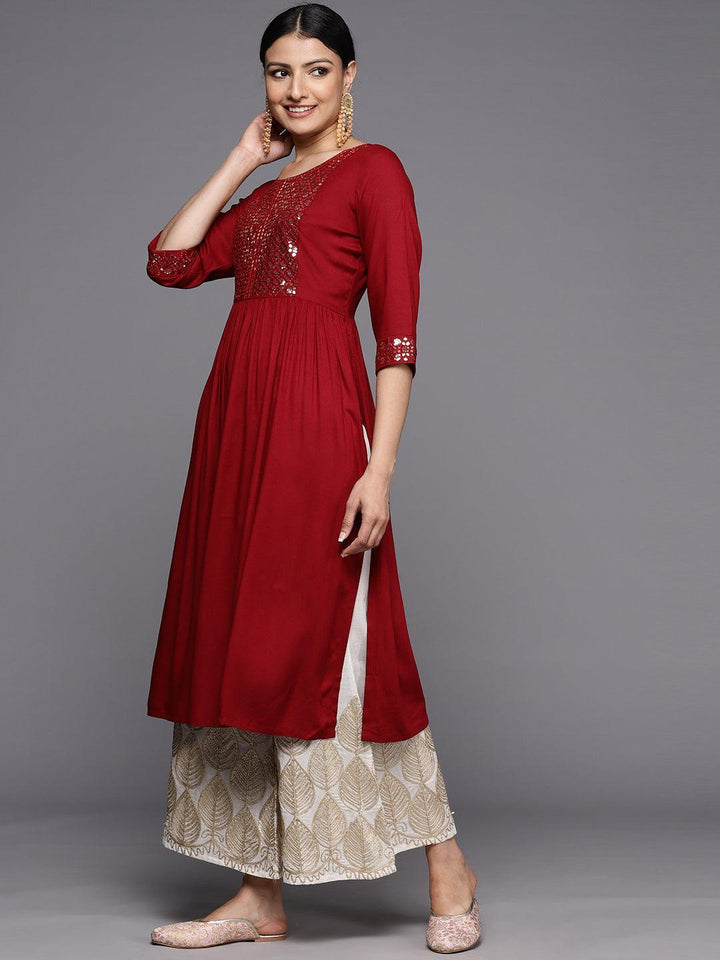 Maroon Yoke Design Rayon A-Line Kurta