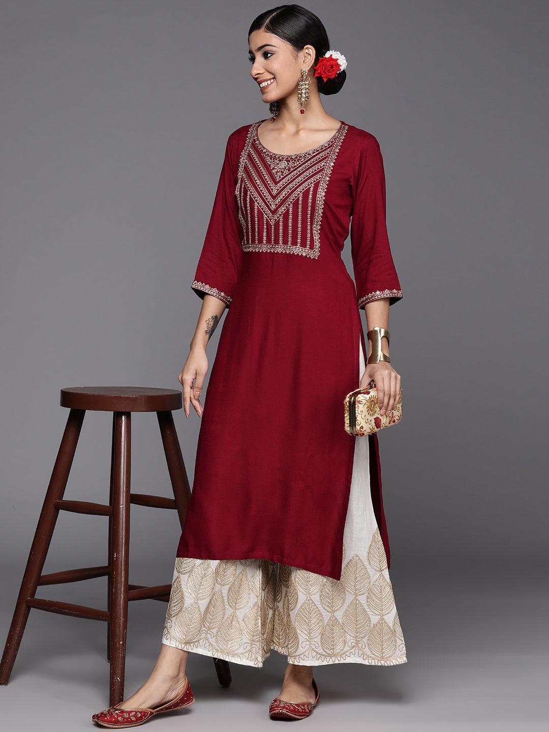 Maroon Yoke Design Rayon Straight Kurta - ShopLibas