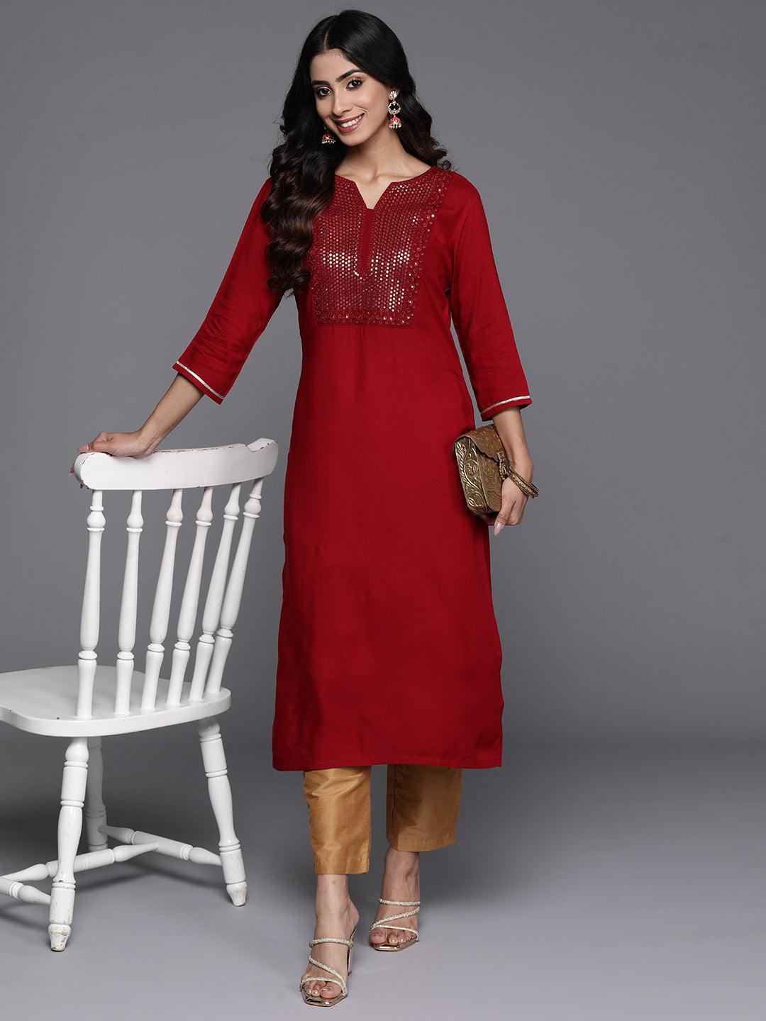 Maroon Yoke Design Rayon Straight Kurta - Libas