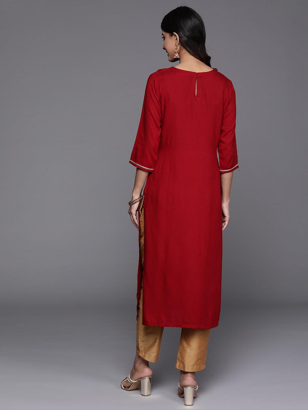 Maroon Yoke Design Rayon Straight Kurta - Libas