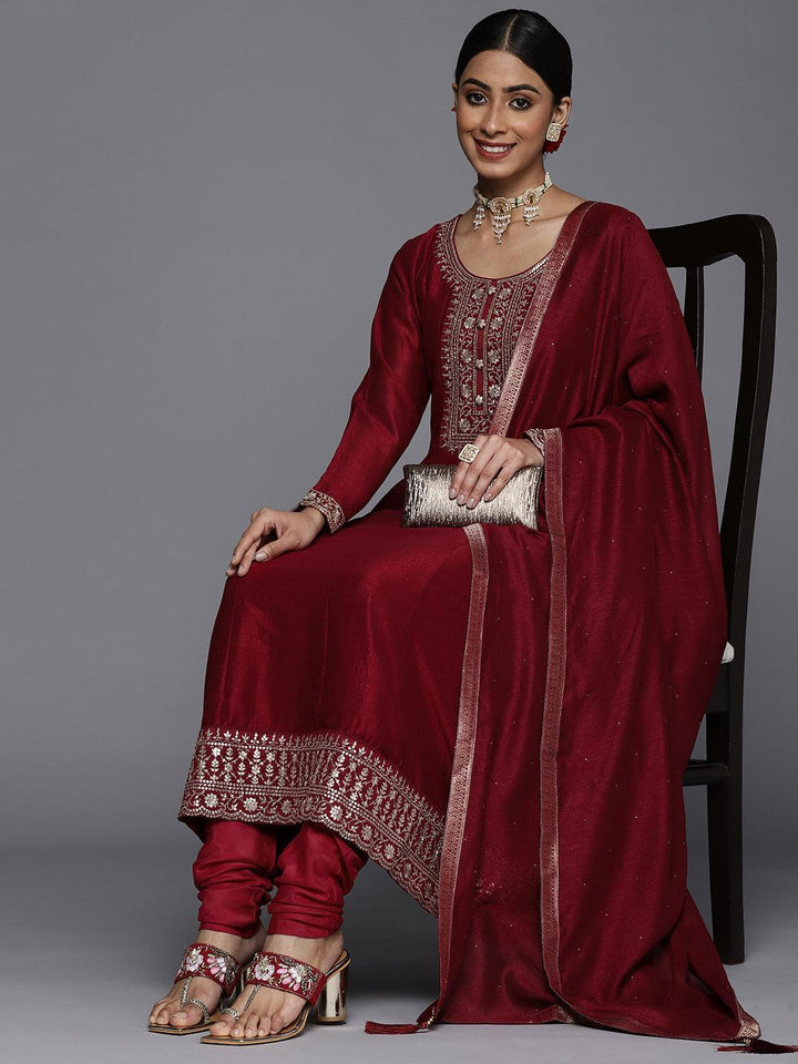 Maroon Yoke Design Silk Blend Anarkali Suit Set