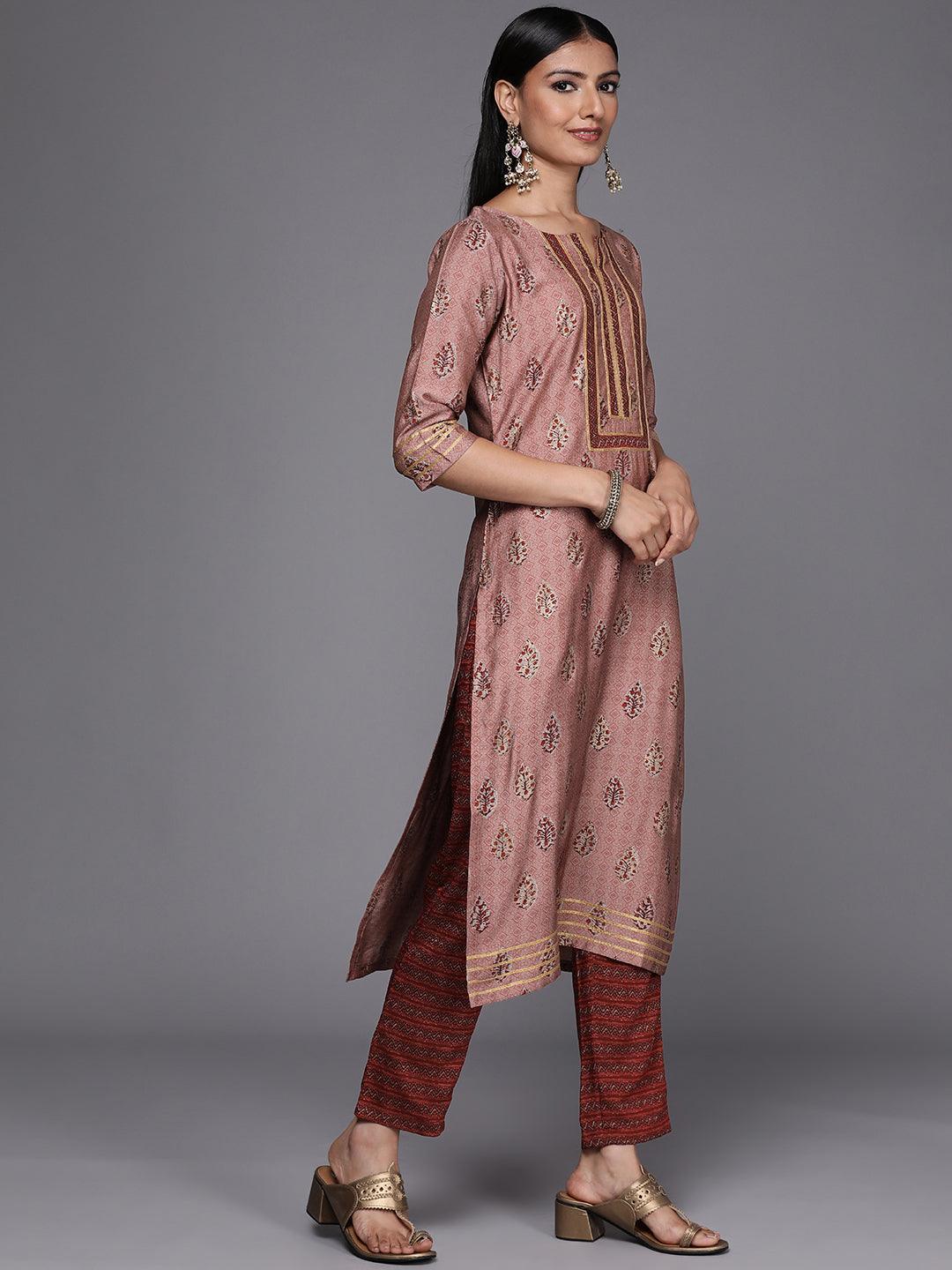 Maroon Yoke Design Silk Blend Straight Suit Set - ShopLibas