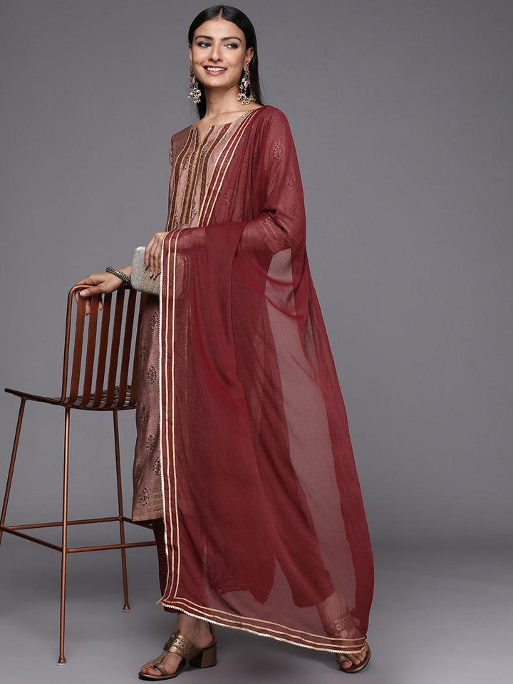 Maroon Yoke Design Silk Blend Straight Suit Set