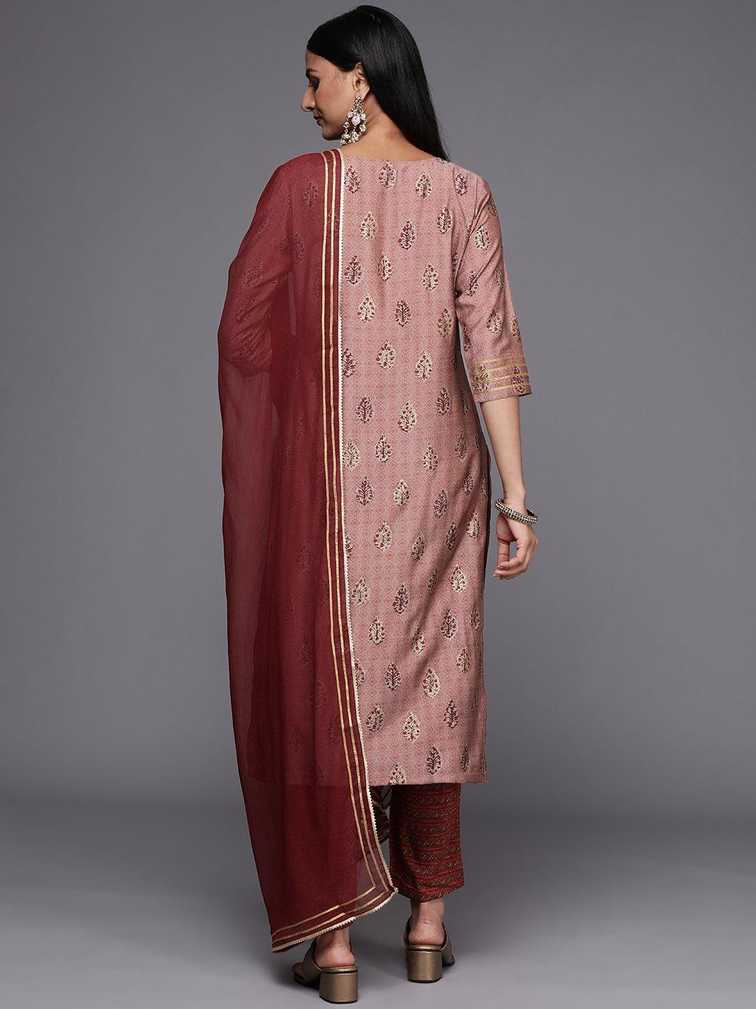 Maroon Yoke Design Silk Blend Straight Suit Set - ShopLibas